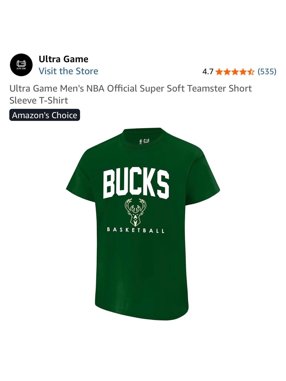 Ultra Game Men's NBA Official Milwaukee Bucks Super Soft Short Sleeve Medium